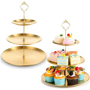SHENLIU 2Pcs 3 Tier Gold Metal Cupcake Stand, Stainless Steel Tiered Dessert Stand Round Shape Dessert Serving Tray Cookie Candy Buffet Stands for Tea Party, Baby Shower, Wedding, Birthday, Christmas