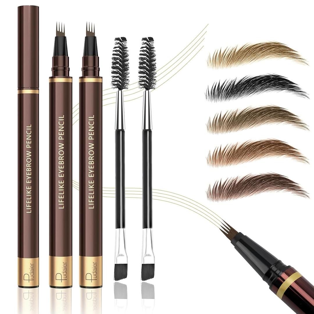 2PCS Microblading Eyebrow Pencil with Eyebrow Brush, Light Brown Eye-brow Pencils for Women, 2-In-1 Waterproof Eyebrow Pen with 4-Fork & Ultra-Precise Tips for Hair-Like Eyebrow Makeup (Light Brown)