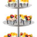 3 Tier Silver Metal Cupcake Stand Holder, Stainless Steel Cup Cake Stand Tower with Tiered Serving Tray and Base for Parties, Weddings, Birthdays and Any Festivals and Celebrations (with Base)