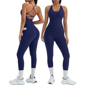 OMKAGI 2 Piece Workout Sets for Women Padded Workout Tops Booty Leggings with Pockets Gym Sets (X-Small, Navy Blue)