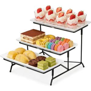 Farielyn-X 3 Tier Serving Tray, 12" White Plastic Tiered Food Serving Platters, Reusable Tray Stand Black Collapsible Metal Stand with Stable Cross Bars, Party Display Stands for Veggie Fruit, Dessert