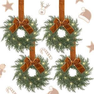 Hoteam 4 Pieces 9 Inch Mini Christmas Cedar Wreath Christmas Cabinet Wreath with Brown Bow Prelit Xmas Decoration for Front Door Holiday Party
