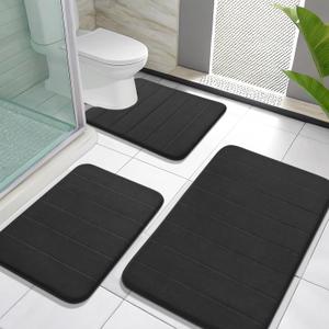 Yimobra Black Memory Foam Bathroom Rug Set Piece, Non Slip Extra Soft Absorbent Washable & Dry Toilet Bath Mat Sets