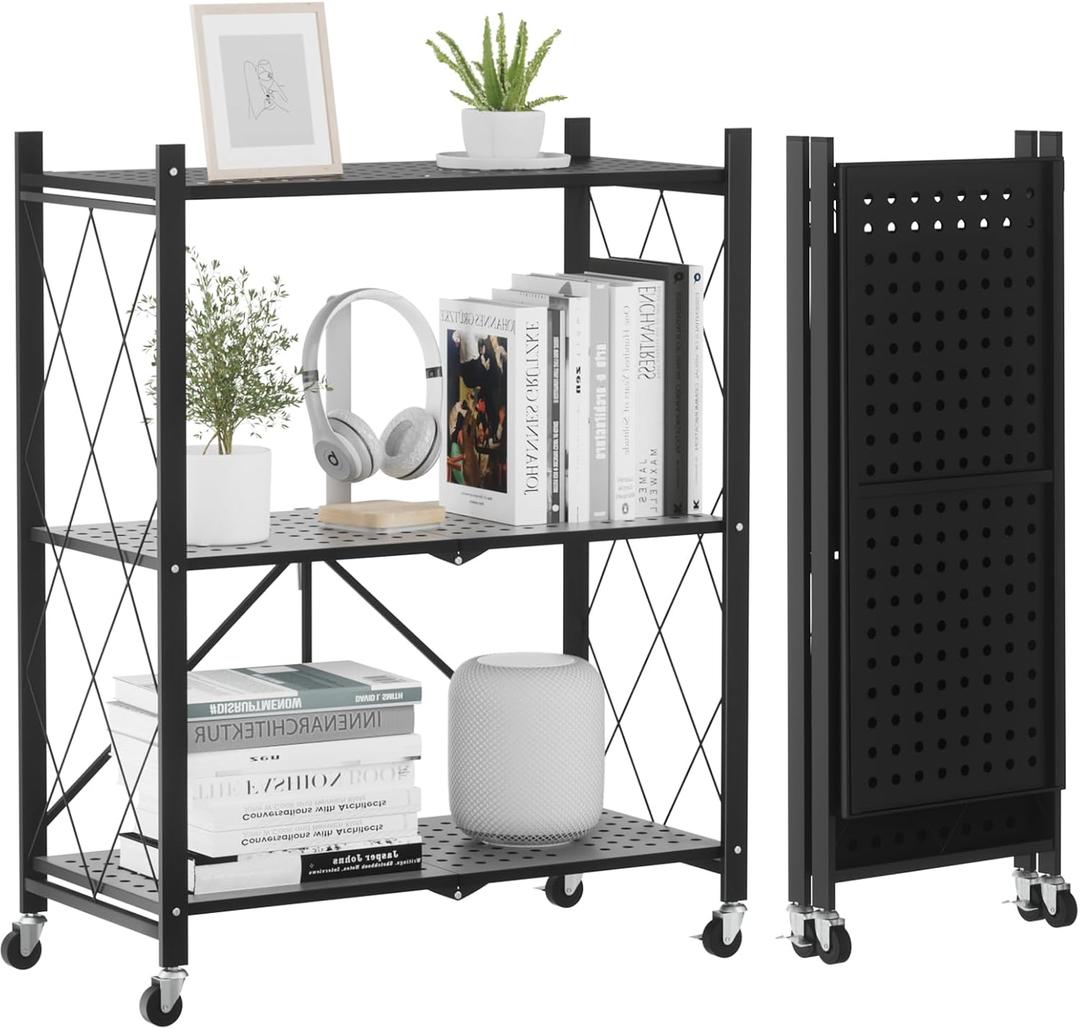 ALANNG Heavy Duty 3-Tier Folding Shelf with Wheels, No Tools Assembly Display Metal Shelving Units, Storage Rack Cart for Kitchen Pantry Laundry Room Garage, Black