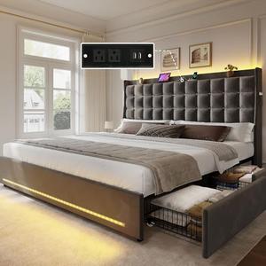 YITAHOME King Size Bed Frame with 3 Storage Drawers and RGB LED Lights, Velvet Upholstered Bed with Charging Station and Storage Headboard, No Box Spring Needed, Easy Assembly, Noise-Free, Black