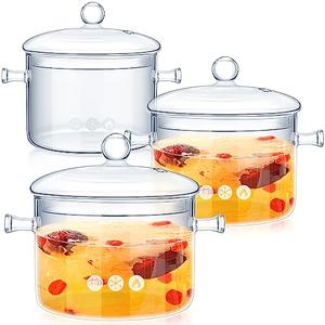 Hsei 3 Pcs Glass Simmer Pot Heat Resistant Clear 1.3 1.5 1.9 L Saucepan with Cover Handle Glass Pots for Cooking Cookware Stovetop and Pan with Lid for Pasta Noodle(Trendy)