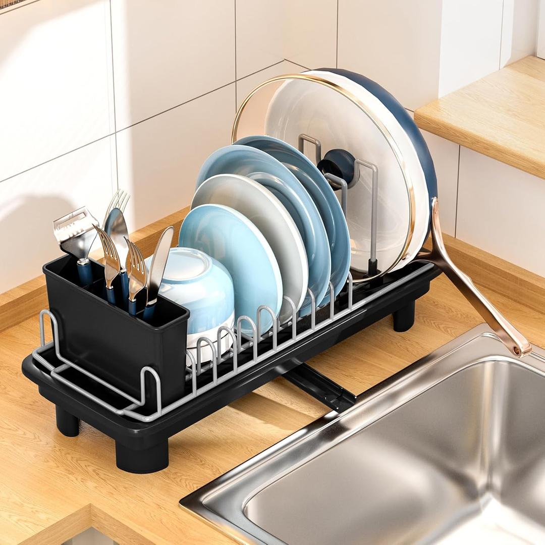 SOVGIZF Compact Dish Drying Rack with Utensil Holder  Small Countertop Dish Drainer with 360 Rotating Drain Spout, Stainless Steel Dish Rack for Kitchen Sink, Space-Saving Design for Small Kitchen (Black)