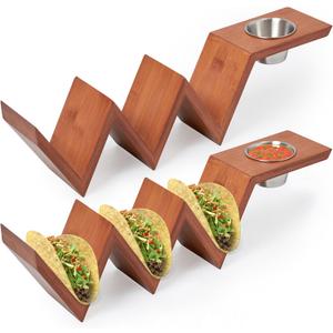 2 Lb. Depot Taco Holder Set of 2 - Durable Bamboo with Walnut Stain Finish - Includes Stainless Steel Bowls - Keeps Tacos Upright and Tidy - Perfect for Parties and Social Media