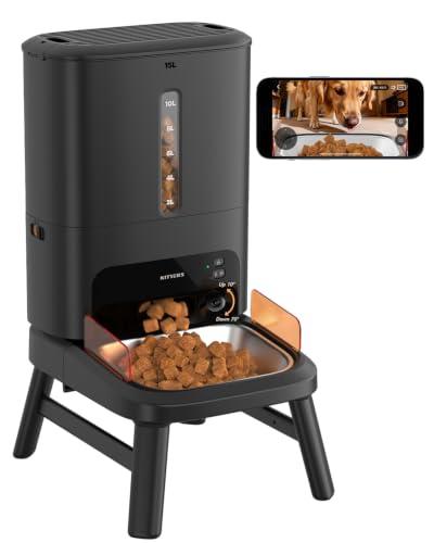 Automatic Dog Feeder for Large Breed with Camera - 15L/ 63 Cups Anti-Clog 5G WiFi Dog Food Dispenser for 2-23mm Kibble, Elevated Stand, Large Food Tray, 1080P HD Video with Night Vision, Keeps Fresh