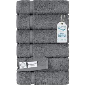 SALBAKOS 100% Turkish Cotton Hand Towels Set 6-Piece Gray 16x30 in | Luxury Premium Quality Thick Super Absorbent Turkish Hand Towel for Bathroom & Kitchen | Made in Turkey (Gray, 6 Hand Towels)