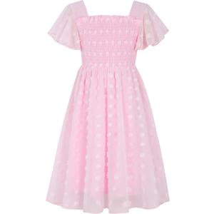 Kids4ever 6-12T Girls Chiffon Dress with Solid Pom Poms & Flutter Ruffle Short Sleeve Kids Lace Square Neck Frocks, 13T