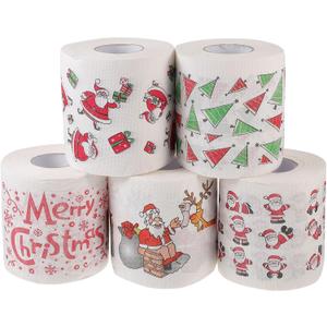 EXCEART Christmas Pattern Toilet Paper 5 Rolls Timber Pulp Holiday Napkins Xmas Bathroom Tissue Rolls Festive Santa Claus Trees Design for Home Use
