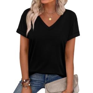 WEESO Womens T Shirts Short Sleeve Summer Tops Cute V Neck Casual Blouses (X-Large, Plain Black)