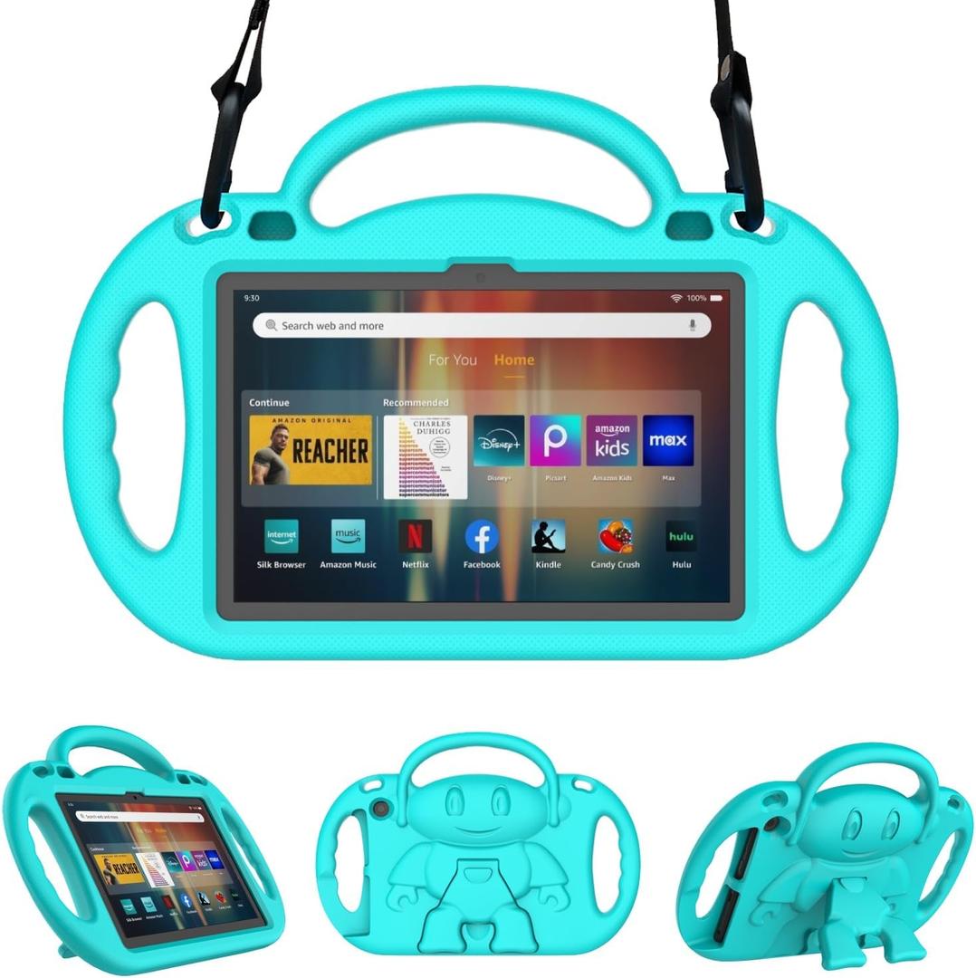 Lightweight Shockproof Kids Tablet Case with Handle, Bracket and Shoulder Strap, Incompatible with Nokia TCL -Cyan