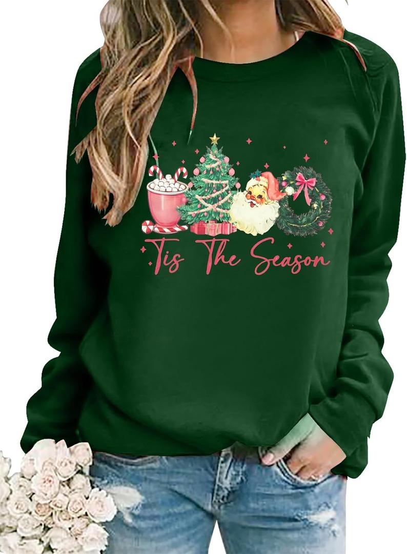 FAYALEQ Merry Christmas Sweatshirts Women: Funny Xmas Sweater Winter Long Sleeve Pullovers (Green, XL)