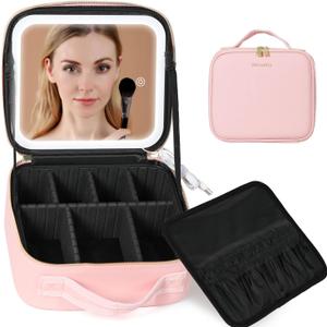 Behaesty Travel Makeup Bag with LED Lighted Mirror, Cosmetic Makeup Organizer Bag with 3 Color Setting, Makeup Train Case with Adjustable Dividers for Women Makeup Brushes Jewelry Accessories (Pink)