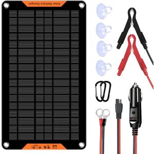 12 Volt 10 Watt Solar Car Battery Charger & Maintainer, Solar Panel Trickle Charger, with Alligator Clip& Cigarette Lighter PlugAdapter for Car, Boat, Automotive, Motorcycle, RV (Black)