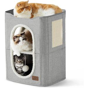 Bedsure 2 Story Cat House - Cat Condos for Indoor Cats with Scratch Pad and Fluffy Ball Hanging, Small Pet Cave Furniture Hideaway for Multi Pets, 18x14x23 inches, Grey (Double)