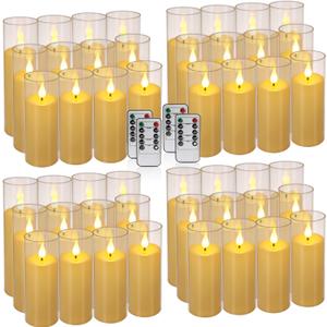 YOROXRG Flickering Flameless Candles Battery Operated with Remote and 2/4/6/8 H Timer Plexiglass LED Pillar Candles with Realistic Moving Wick for Home Decor Pack of 48 (D2.2 xH 5" 6" 7") (Ivory)