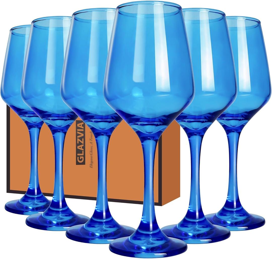GLAZVIA Blue Wine Glasses Set of 6, 12oz Stemmed Crystal Glasses, Thick & Colored, Dishwasher Safe Stemware for Red or White, Gift for Party, Holiday, Anniversary, Restaurant, Home Bar, Daily Use