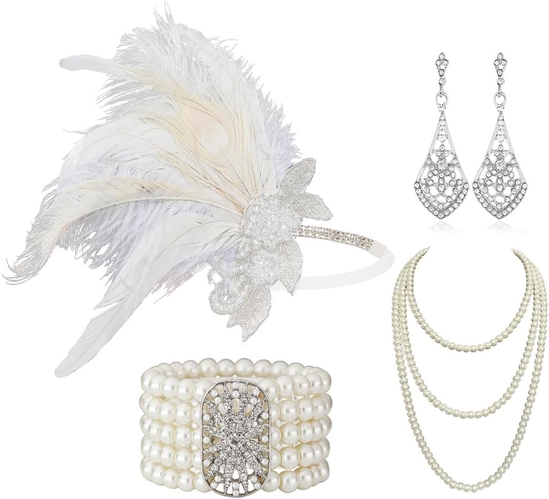 Cizoe 1920s Gatsby Accessories Set for Women Flapper Headband 20s Headpiece Necklace Gloves(od)
