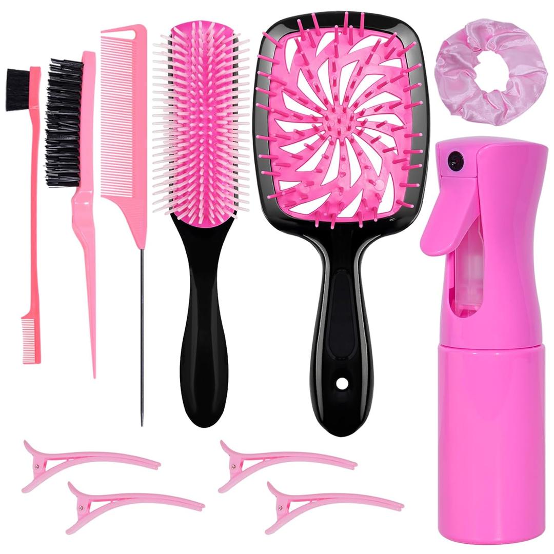 11 Pcs Hair Brush Set, Detangle Hair Brush And Spray Bottle, 3 Pieces Smooth Hairbrush For Toddlers, Suitable For Wet and Dry Hairstyles, Suitable For Adults And Children(Pink)