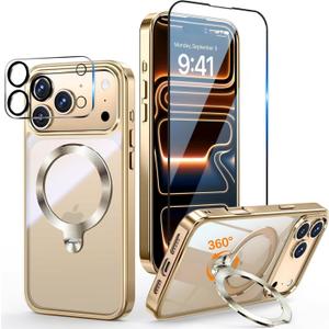 [Tri-Shield Protection] for iPhone 17 Pro Case with 360 Spin Stand Compatible with MagSafe [Magnetic CD Ring] [Screen & Camera Lens Protector] Shockproof Plating Never-Yellowing, Gold-6.3"