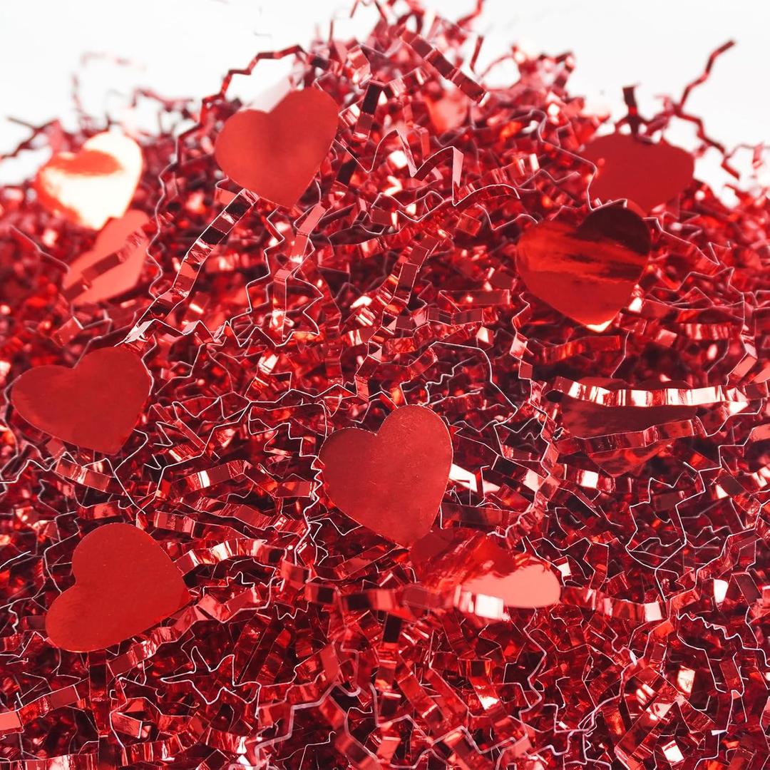 Succwoah 1 LB Valentine's Day Crinkle Cut Paper Shred with Red Heart Confetti, Metallic Red Raffia Grass Shredded Filler for Gift Wrapping, Valentines Day, Basket Filling, Wedding & Party Decor