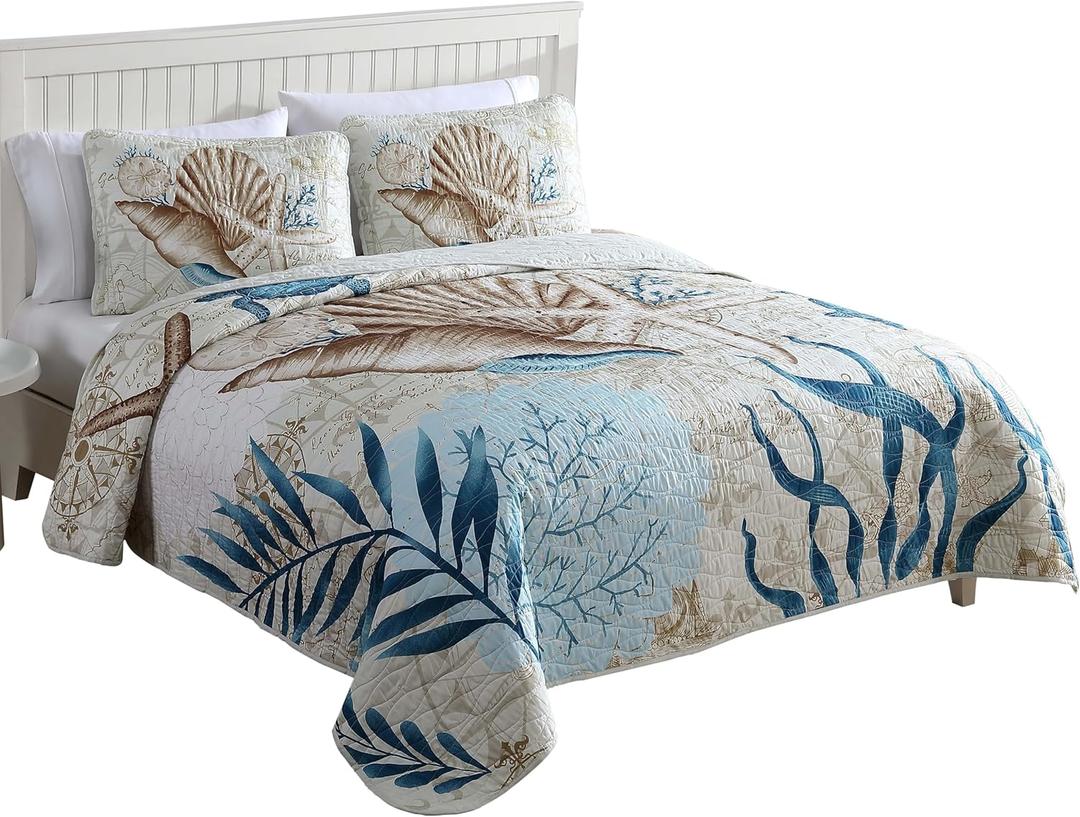 CARIBBEAN JOE Coastal 3-Piece Quilt Set, Full/Queen, Blue Sea Turtle