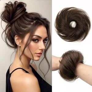 SPIKFN Messy Bun Hair Piece Human Hair 100% Real Human Hair Natural Curly Chignon Ponytail Fluffy Donut Updo Hair Pieces Messy Hair Bun Scrunchies for Women (#2 Dark Brown)