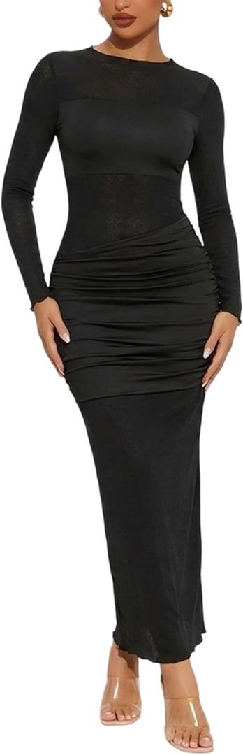 Ekaliy Women's Sexy Mesh Dress Long Sleeve Mock Neck Bodycon Sheer Ruched Maxi Dress Party Cocktail Dresses (Large, Black)