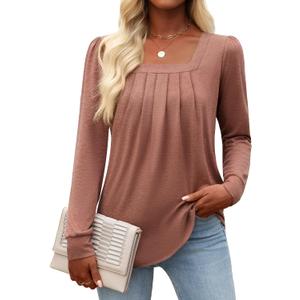 Funlingo Women's Puff Long Sleeve Tops Dressy Casual Square Neck Pleated Work Blouse Fall Trendy Tunic Flowy Chiffon Shirts (XXL)