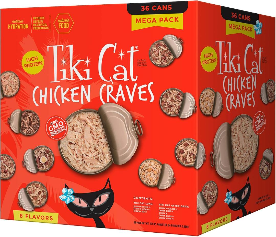 Tiki Cat Wet Cat Food Mega Pack, Chicken Craves Variety Pack, 2.8 oz. Cans (36 Count) (EXP 10/31/28)