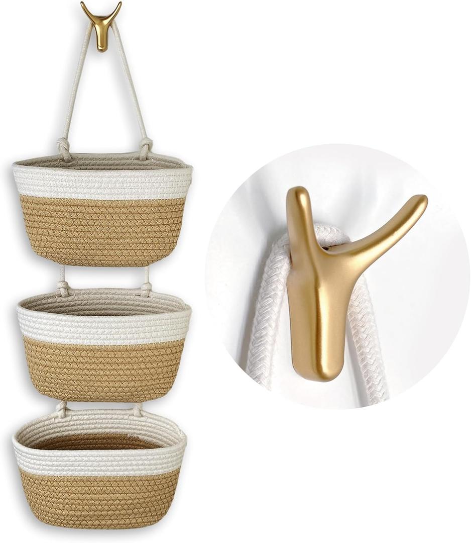 3-Tier Decorative Cotton Rope Hanging Basket, Wall-Mounted Woven Storage Organizer Bag, White + Jute
