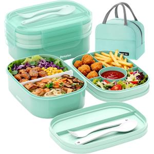 2 Layers Bento Box, All-in-One Stackable Lunch Container with Compartments, 64oz Leakproof Microwave Safe Dishwasher Safe Bento Box with Lunch Bag and Utensil Set for Kids and Adults