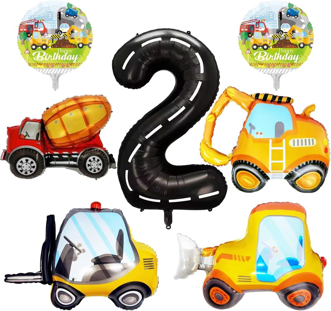 7 Pcs Construction Balloons 40 Inch Number 2 Foil Balloons Excavator Truck Forklift Bulldozer Construction Birthday Balloons for Boys Construction Themed 2nd Birthday Truck Party Decorations Supplies