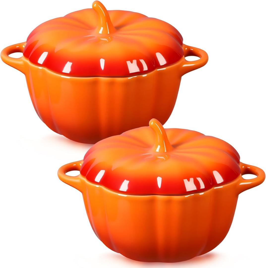 Hushee 2 Pcs Pumpkin Bowl Set with Lid & Handle - Fall Pumpkin Shape Sugar Dessert Soup Ceramic Dinnerware for Thanksgiving, Halloween, Autumn Harvest, Decoration Gift Bowl(8.1 oz)