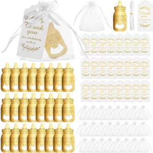 24 Pack Poppin Bottle Openers, Sets of Baby Shower Favor, 96 Pcs Zinc Alloy Bottle Openers with Organza Bags & Ribbons, Thank You Tags for Guest Souvenirs Return Gifts Decorations