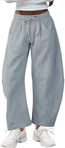 SeekMe Women's Barrel Leg Sweatpant Drawstring Elastic Waisted Wide Leg Pants Casual Cotton Palazzo Trousers with Pockets, Medium