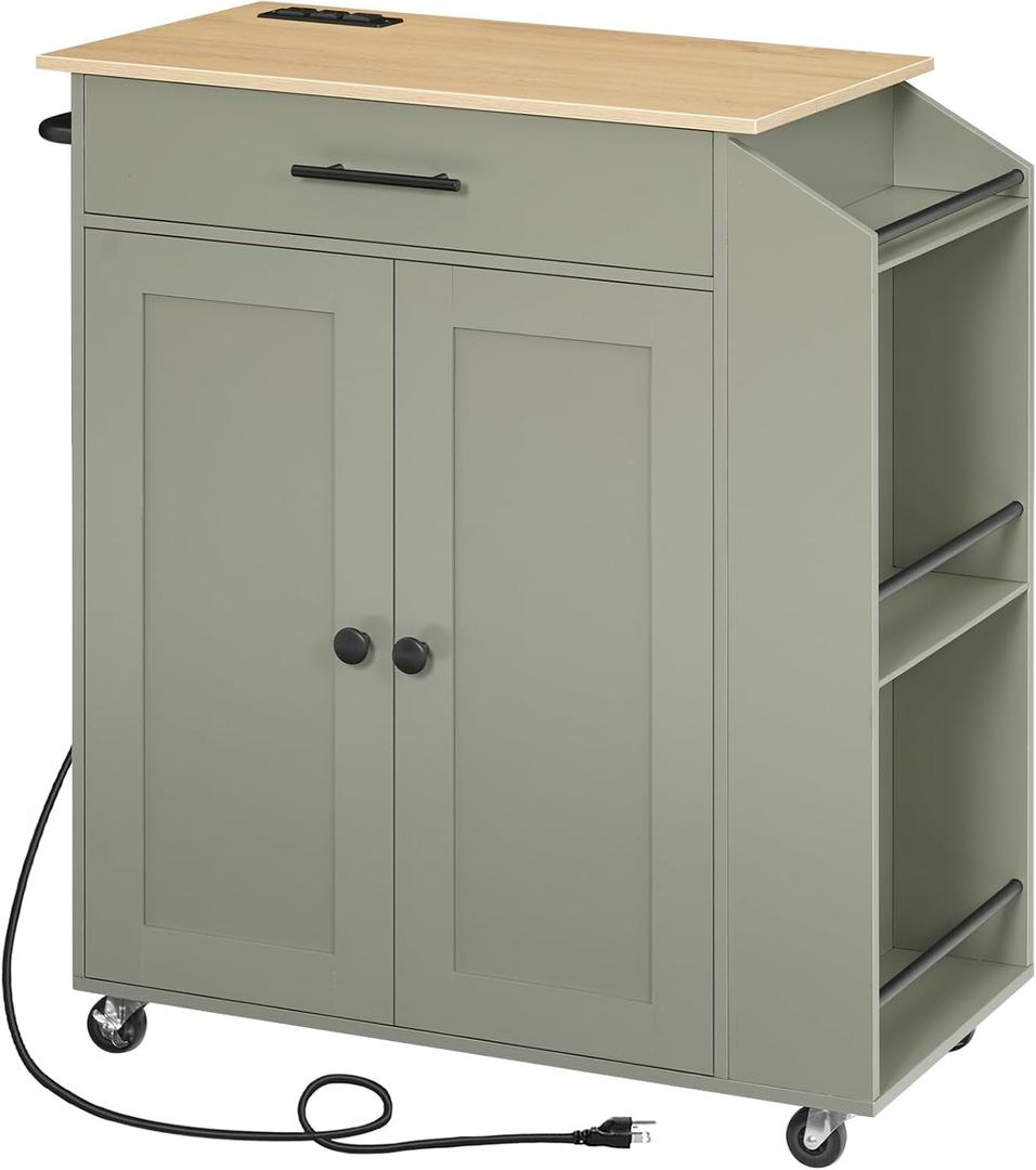 HOOBRO Kitchen Island with Power Outlet, Storage Island with Spice Rack and Drawer, Rolling Kitchen Cart on Wheels, for Home, Dining Room, Natural and Green JN82UZD01G1