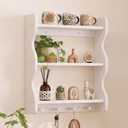 3 Tier Wooden Floating Wall Shelves with Hooks, Rustic Farmhouse Wall Mounted Storage Shelf, Decorative Curved Side Wall Organizer Display Rack for Bedroom, Bathroom, Living Room, Kitchen, White, 19.7x5.9x23.6 In