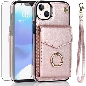 Asuwish Phone Case for iPhone 13 Mini 5.4 inch Wallet Cover with Tempered Glass Screen Protector and RFID Ring Credit Card Holder Cell iPhone13mini i-Phone 13minicase i iPhone13 13mini Women Rose Gold