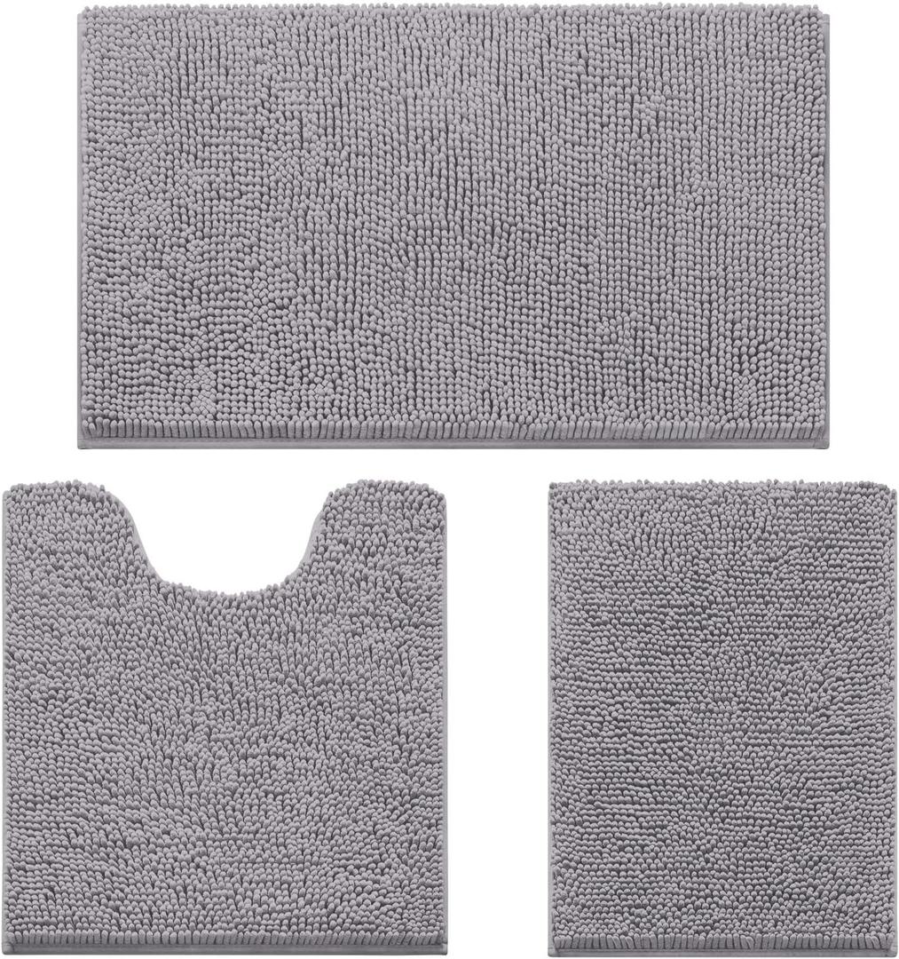 HOMEIDEAS 3 Pieces Bathroom Rugs, Soft Thick Absorbent Chenille Bath Mats, Washable Non-Slip Floor Rugs for Shower & Bath, Grey (17"x24"+20"x32"+U Shape 20"x24")