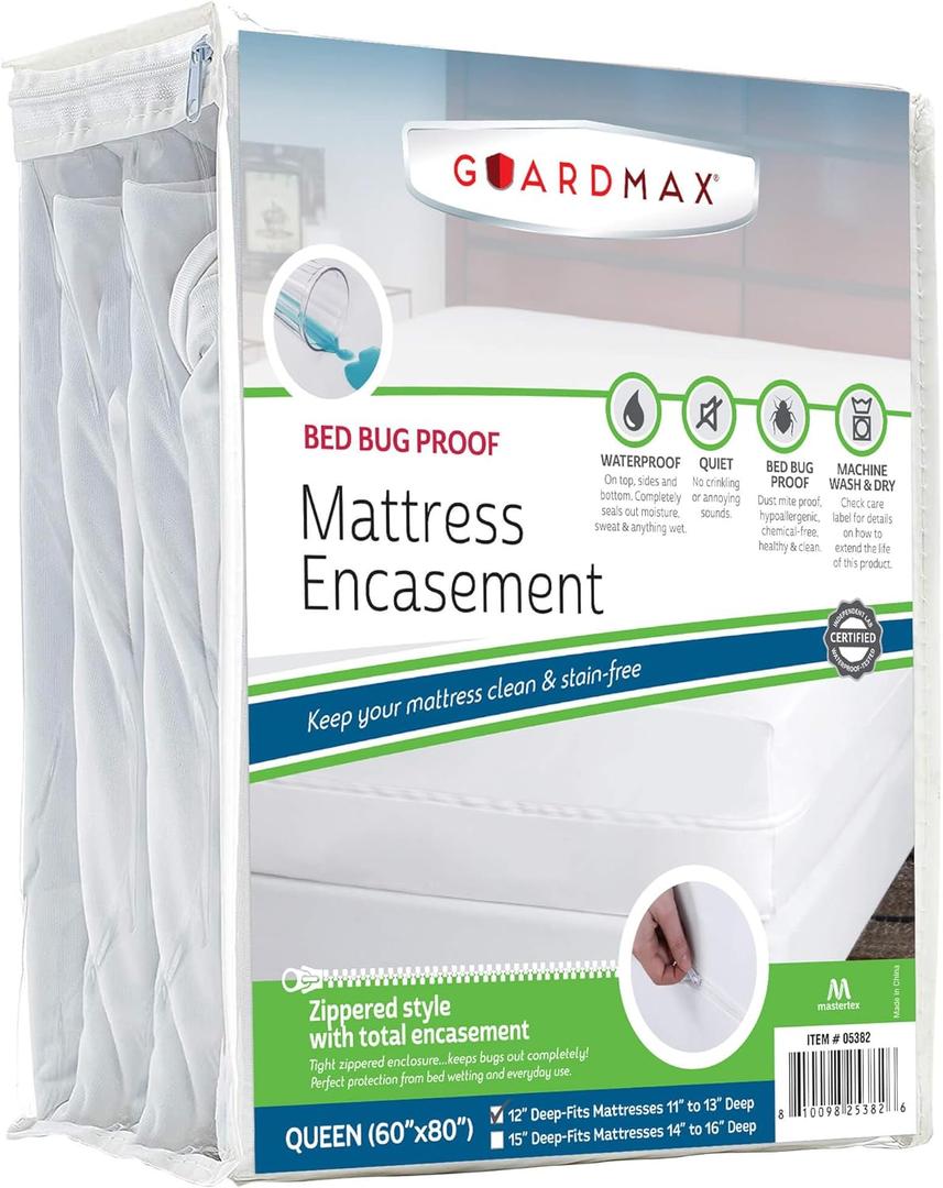 Guardmax Jersey Knitted Queen Zippered Mattress Encasement - Waterproof & Bed Bug Proof Mattress Protector - Comfortable, Soft, and Noiseless Zippered Bedding - Dust Mite Proof (60 x 80 x 12) (White)