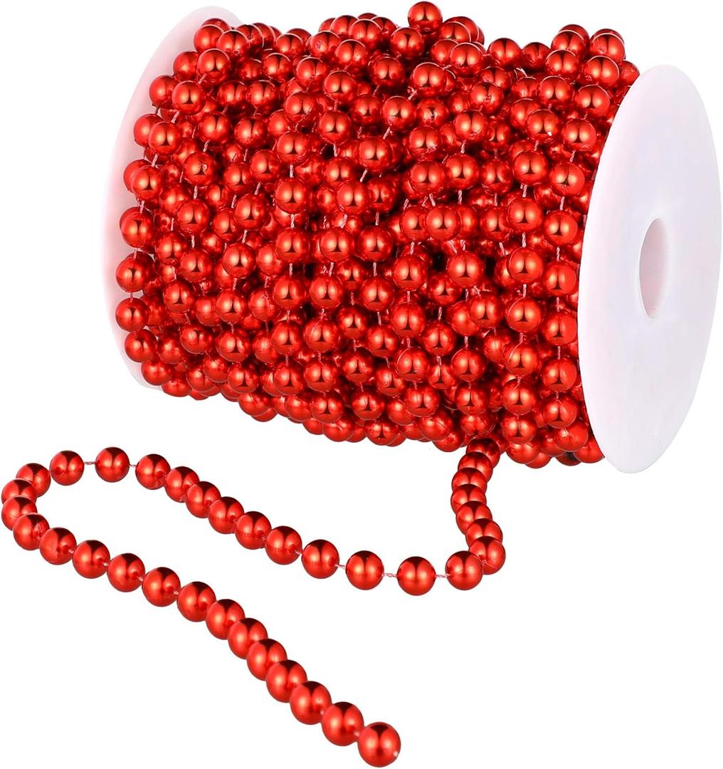 WILLBOND 50ft Christmas Tree Beads Artificial Pearls Garland Plastic Beads Roll for Christmas Tree Wedding DIY Decoration Supplies(Red)