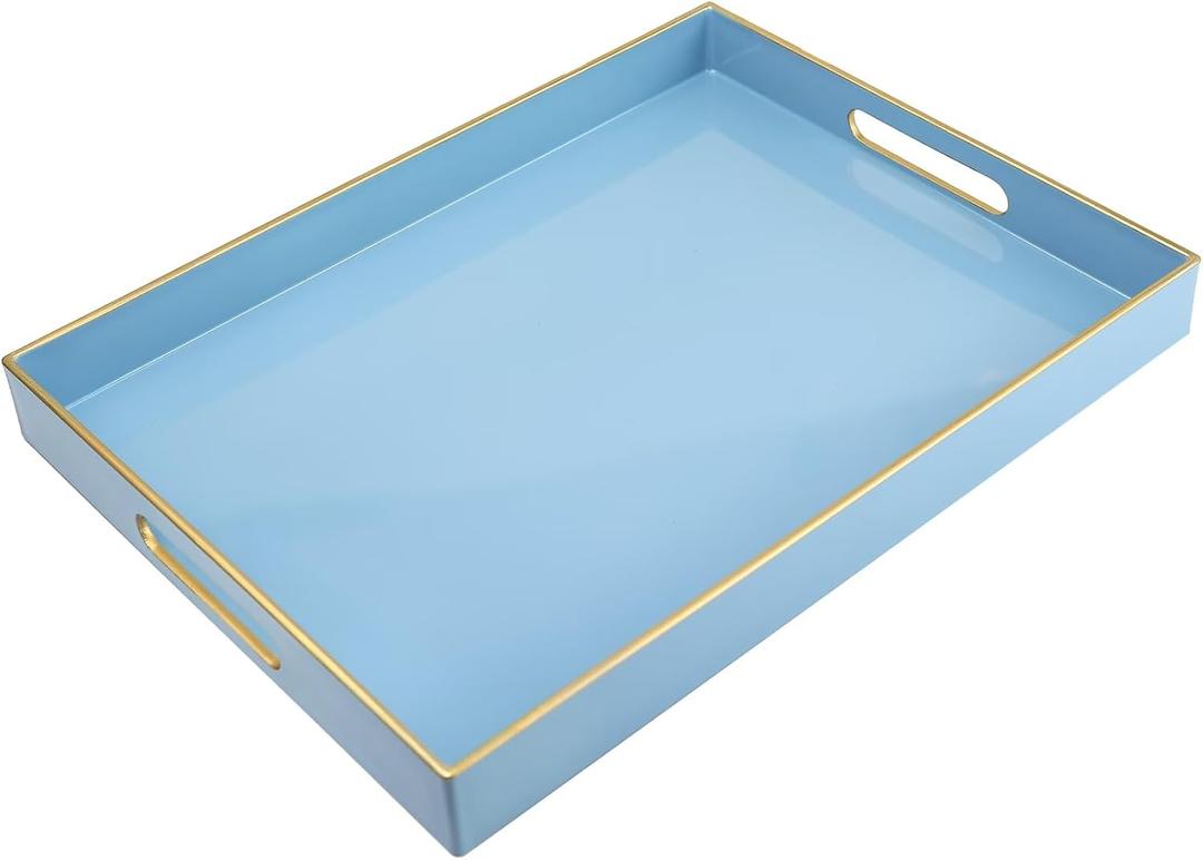 Spsyrine Blue Plastic Serving Tray for Ottoman, Coffee Table, Rectangle Decorative Tray for Entertaining, Outdoor, Living Room, Home Decor (11.8" x 15.7" x 1.6", 30 Blue)