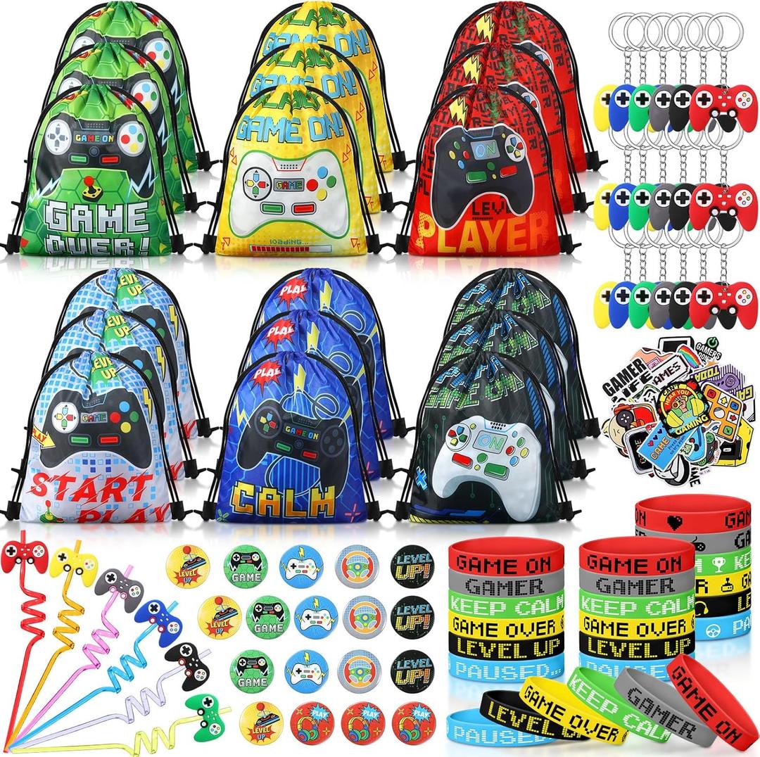 Sadnyy 140 Pcs Gaming Party Favors Video Game Birthday Decorations Supplies Drawstring Bags with Silicone Bracelets Keychains Straws Button Pins Stickers for Party Rewards Goodie Bags Stuffers
