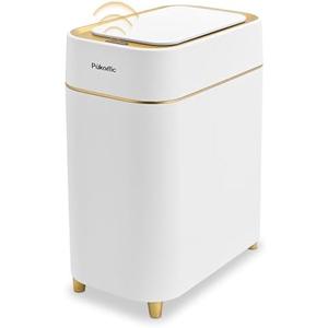 Pukomc Automatic Small Sensor Trash Can with Touchless Lid, 2.3 Gallon / 9L Smart Garbage Can, Quiet Close White Gold Waste Bin - Perfect for Kitchen, Living Room & Small Spaces