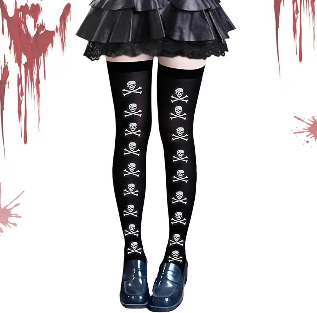 Halloween Skeleton Thigh High Socks Over-the-Knee Stockings With Double-Sided Printing Plus Size Design For Women Girls (X-Large Plus, White Skull)
