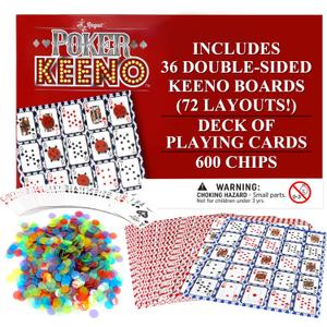 Regal Games - Poker Keeno Bulk Game Set - Includes 36 Two-Sided Boards, 600 Scoring Chips, 1 Deck of Standard Poker Cards - 72 Unique Board Layouts- Casino Night Card Game- Compatible w Poker Keno